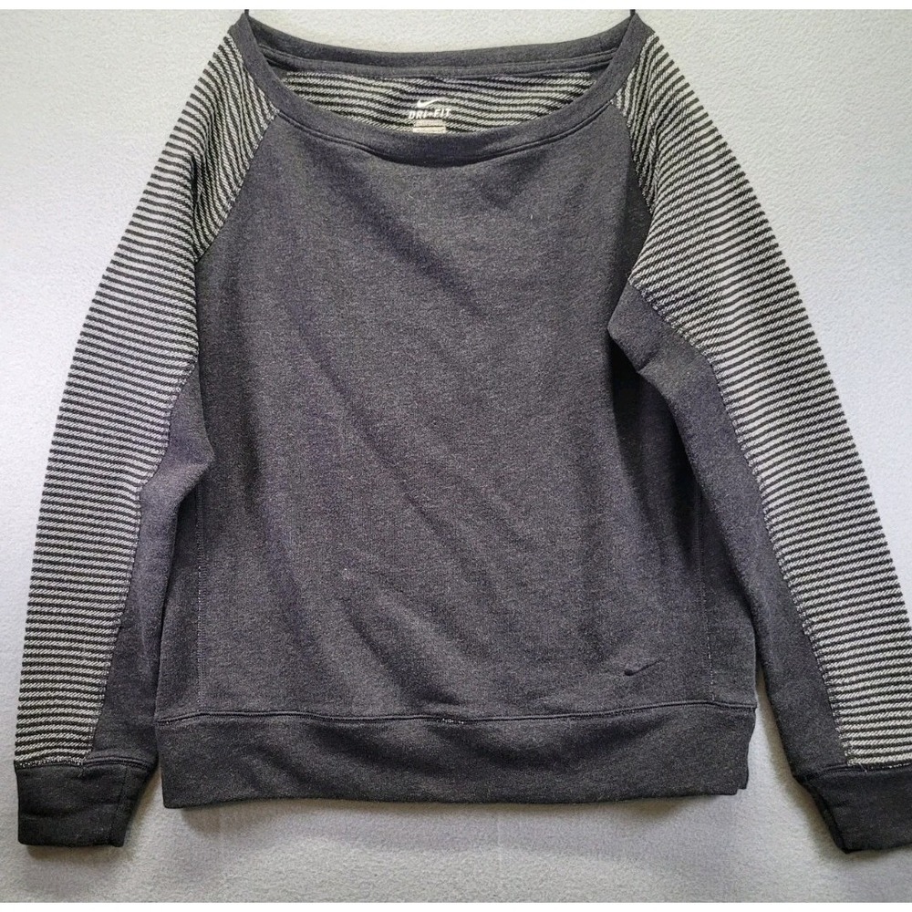 Nike Sweatshirt Dri Fit Womens Medium Grey Striped Exposed Seam Boat Neck Raglan